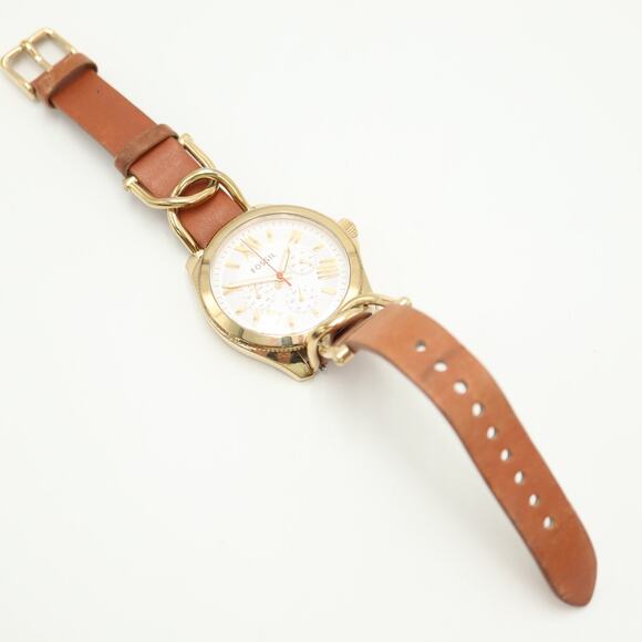 Fossil Cecile Womens Gold Tone Calendar 40mm Watch Brown Leather w New Battery - Picture 12 of 14